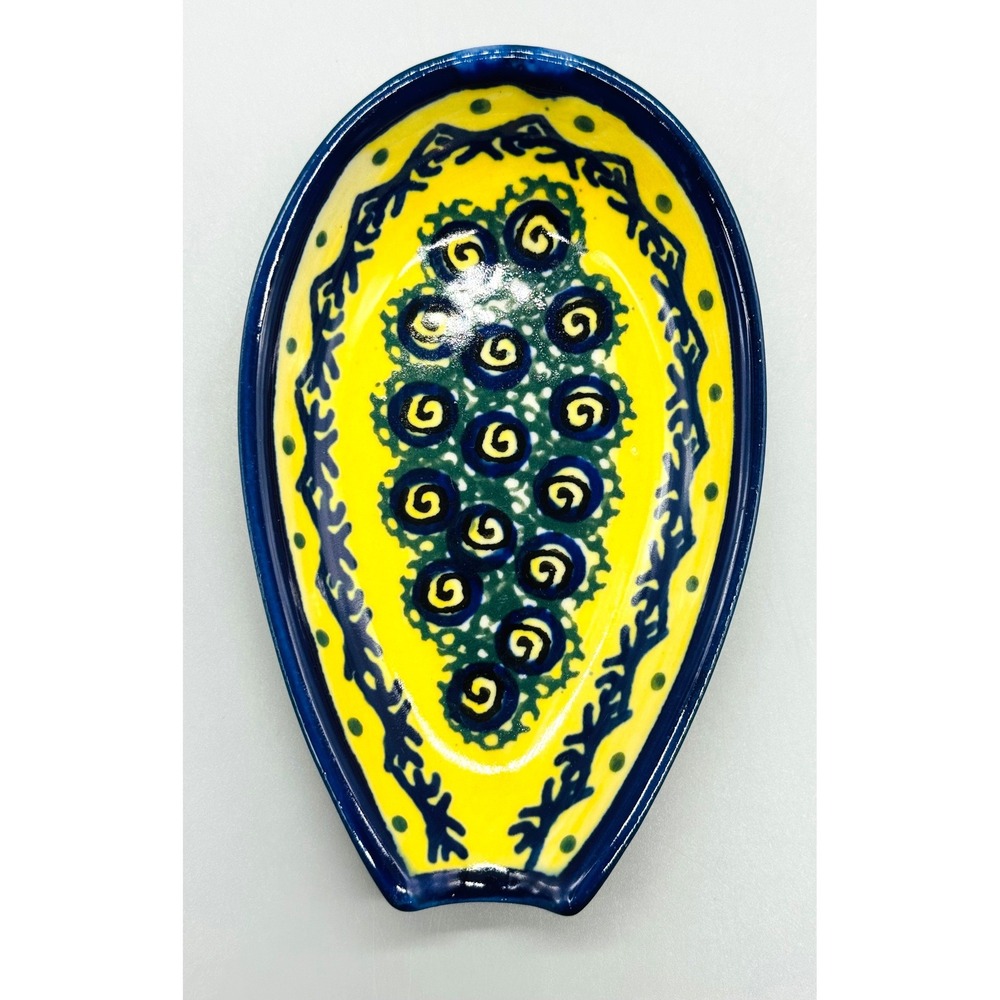 Boleslawiec Spoon Rest Yellow Blue Peacock Eye Pattern Ceramic Polish Pottery